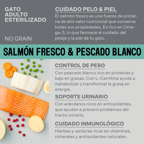 Pienso Para Gato Adulto Esterilizado de Salmón Fresco y Pescado Blanco Para Piel y Pelaje Saludables