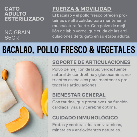 Trocitos en Salsa Para Gato Adulto de Bacalao, Pollo Fresco y Vegetales Para Fuerza y Movilidad