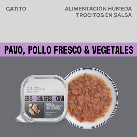 Trocitos en Salsa Para Gatito de Pavo, Pollo Fresco y Vegetales Para Apoyar el Crecimiento